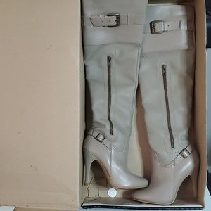 Beige over knee high boots